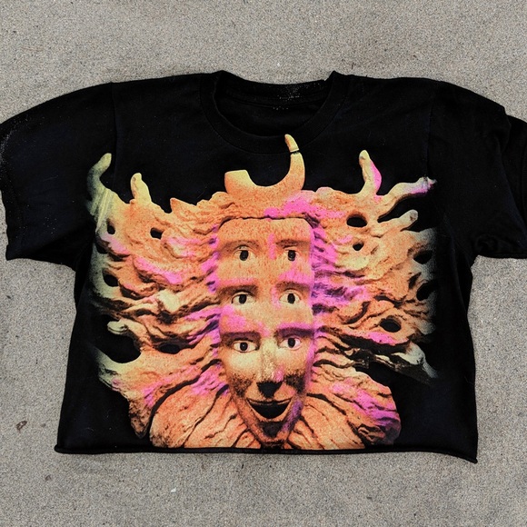 Tops - Psychedelic Shpongle Multi-Eye Sun Face Graphic Tee neon sunset Black Sz XS